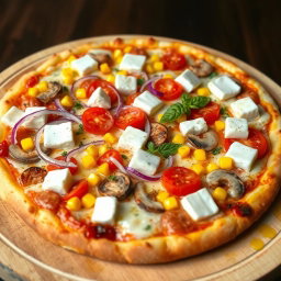 An appetizing pizza that showcases a delightful blend of fresh, crispy onions, juicy red tomatoes, sweet yellow corn kernels, and tender, sliced mushrooms