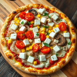 An appetizing pizza that showcases a delightful blend of fresh, crispy onions, juicy red tomatoes, sweet yellow corn kernels, and tender, sliced mushrooms