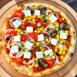 An appetizing pizza that showcases a delightful blend of fresh, crispy onions, juicy red tomatoes, sweet yellow corn kernels, and tender, sliced mushrooms