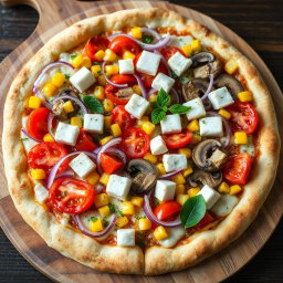 An appetizing pizza that showcases a delightful blend of fresh, crispy onions, juicy red tomatoes, sweet yellow corn kernels, and tender, sliced mushrooms