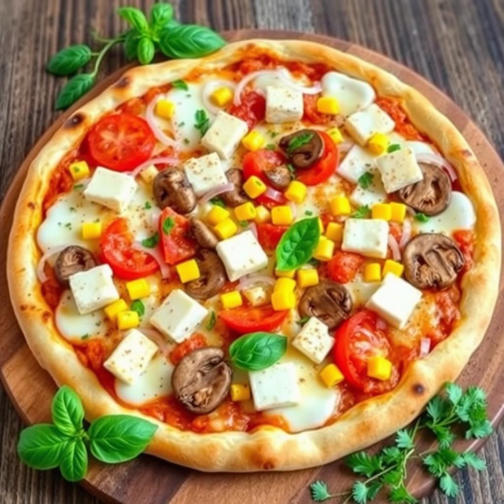 A mouth-watering pizza topped with a delicious blend of fresh onions, juicy tomatoes, sweet corn, tender mushrooms, and creamy paneer cubes, all melted under a layer of gooey mozzarella cheese