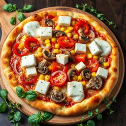 A mouth-watering pizza topped with a delicious blend of fresh onions, juicy tomatoes, sweet corn, tender mushrooms, and creamy paneer cubes, all melted under a layer of gooey mozzarella cheese