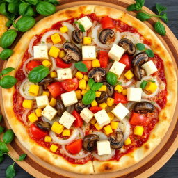 A mouth-watering pizza topped with a delicious blend of fresh onions, juicy tomatoes, sweet corn, tender mushrooms, and creamy paneer cubes, all melted under a layer of gooey mozzarella cheese