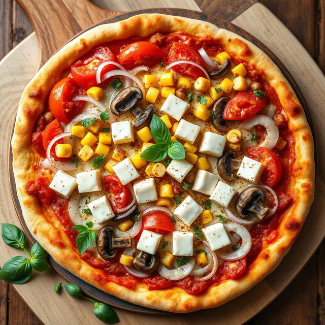 A mouth-watering pizza topped with a delicious blend of fresh onions, juicy tomatoes, sweet corn, tender mushrooms, and creamy paneer cubes, all melted under a layer of gooey mozzarella cheese