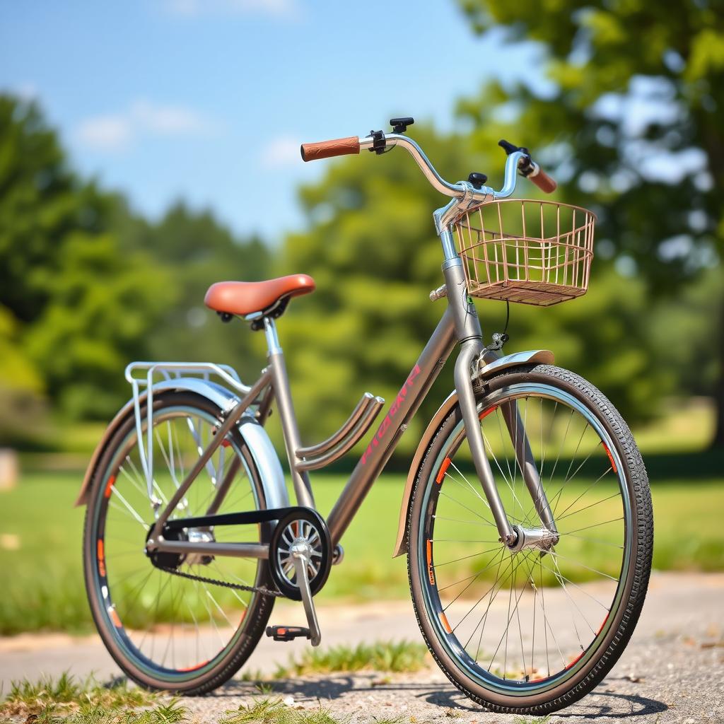 A beautifully designed bicycle, showcasing a sleek and modern aesthetic with a shiny metallic frame, vibrant colored spokes, and a comfortable leather seat
