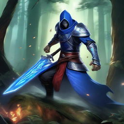 Yone, clad in armor with his azure spirit blade, locked in an intense battle against the shadowy figure of Zed, armed with his deadly shurikens, in an epic showdown set within a mystical forest backdrop.