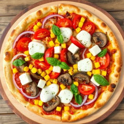 A delightful pizza adorned with a delicious blend of fresh, sliced onions, plump juicy tomatoes, sweet yellow corn kernels, tender sautéed mushrooms, and creamy cubes of paneer, all generously topped with a melting layer of rich mozzarella cheese