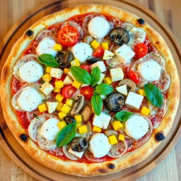 A delightful pizza adorned with a delicious blend of fresh, sliced onions, plump juicy tomatoes, sweet yellow corn kernels, tender sautéed mushrooms, and creamy cubes of paneer, all generously topped with a melting layer of rich mozzarella cheese