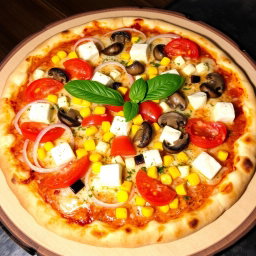 A delightful pizza adorned with a delicious blend of fresh, sliced onions, plump juicy tomatoes, sweet yellow corn kernels, tender sautéed mushrooms, and creamy cubes of paneer, all generously topped with a melting layer of rich mozzarella cheese