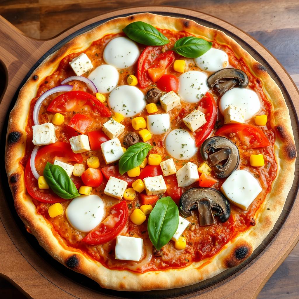 A delightful pizza adorned with a delicious blend of fresh, sliced onions, plump juicy tomatoes, sweet yellow corn kernels, tender sautéed mushrooms, and creamy cubes of paneer, all generously topped with a melting layer of rich mozzarella cheese