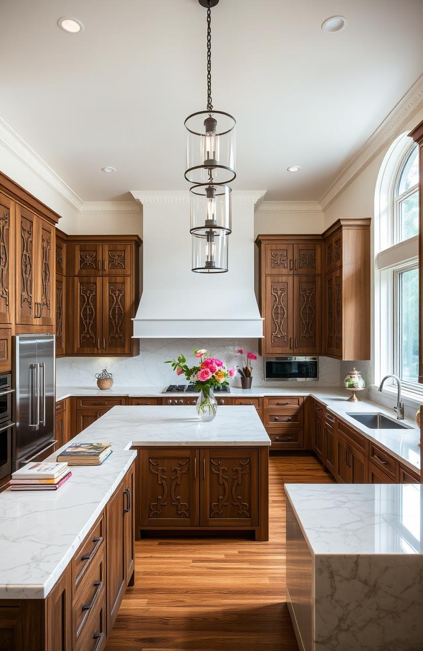 An elegant kitchen interior featuring a large central island with marble countertops, sleek stainless steel appliances, and wooden cabinets with intricate designs