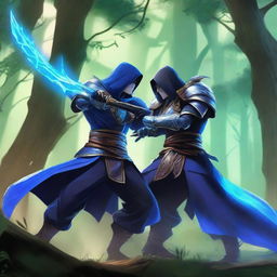 Yone, clad in armor with his azure spirit blade, locked in an intense battle against the shadowy figure of Zed, armed with his deadly shurikens, in an epic showdown set within a mystical forest backdrop.