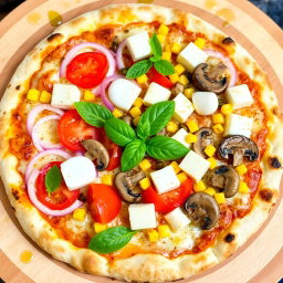 An appetizing pizza featuring a delightful combination of fresh, sliced onions, juicy red tomatoes, sweet golden corn kernels, tender sautéed mushrooms, and creamy cubes of paneer, all covered with a generous layer of bubbling mozzarella cheese