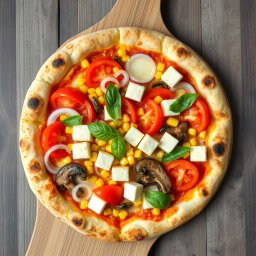 An appetizing pizza featuring a delightful combination of fresh, sliced onions, juicy red tomatoes, sweet golden corn kernels, tender sautéed mushrooms, and creamy cubes of paneer, all covered with a generous layer of bubbling mozzarella cheese