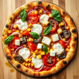 An appetizing pizza featuring a delightful combination of fresh, sliced onions, juicy red tomatoes, sweet golden corn kernels, tender sautéed mushrooms, and creamy cubes of paneer, all covered with a generous layer of bubbling mozzarella cheese