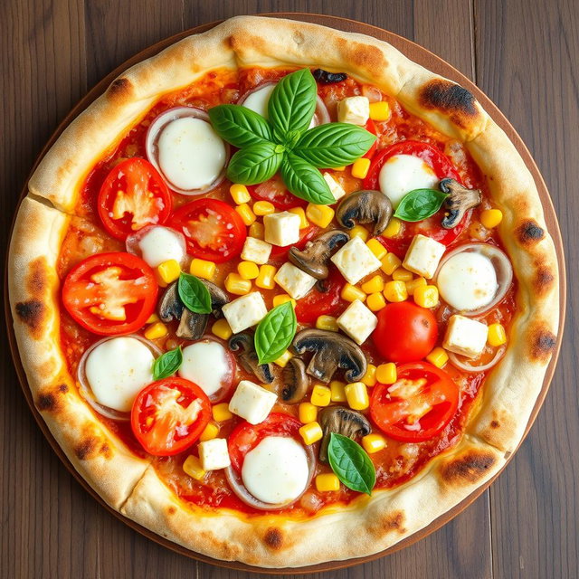 An appetizing pizza featuring a delightful combination of fresh, sliced onions, juicy red tomatoes, sweet golden corn kernels, tender sautéed mushrooms, and creamy cubes of paneer, all covered with a generous layer of bubbling mozzarella cheese