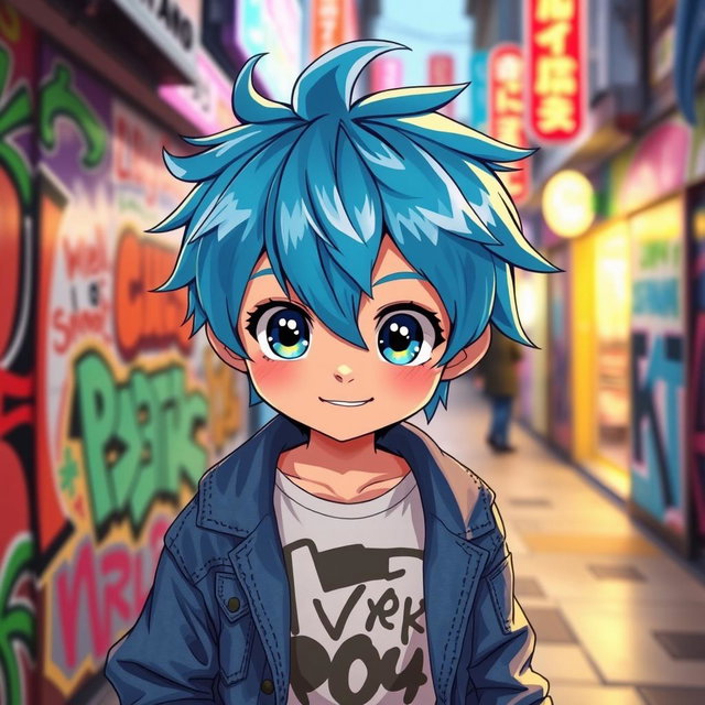 A charming anime boy with bright blue hair, wearing a trendy streetwear outfit with a graphic tee and denim jacket, standing against a colorful urban background filled with graffiti