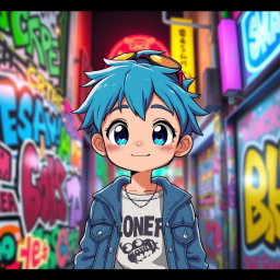 A charming anime boy with bright blue hair, wearing a trendy streetwear outfit with a graphic tee and denim jacket, standing against a colorful urban background filled with graffiti