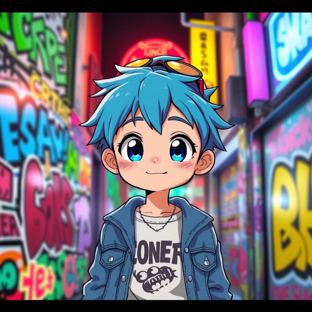 A charming anime boy with bright blue hair, wearing a trendy streetwear outfit with a graphic tee and denim jacket, standing against a colorful urban background filled with graffiti
