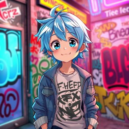 A charming anime boy with bright blue hair, wearing a trendy streetwear outfit with a graphic tee and denim jacket, standing against a colorful urban background filled with graffiti