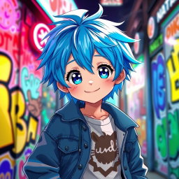 A charming anime boy with bright blue hair, wearing a trendy streetwear outfit with a graphic tee and denim jacket, standing against a colorful urban background filled with graffiti