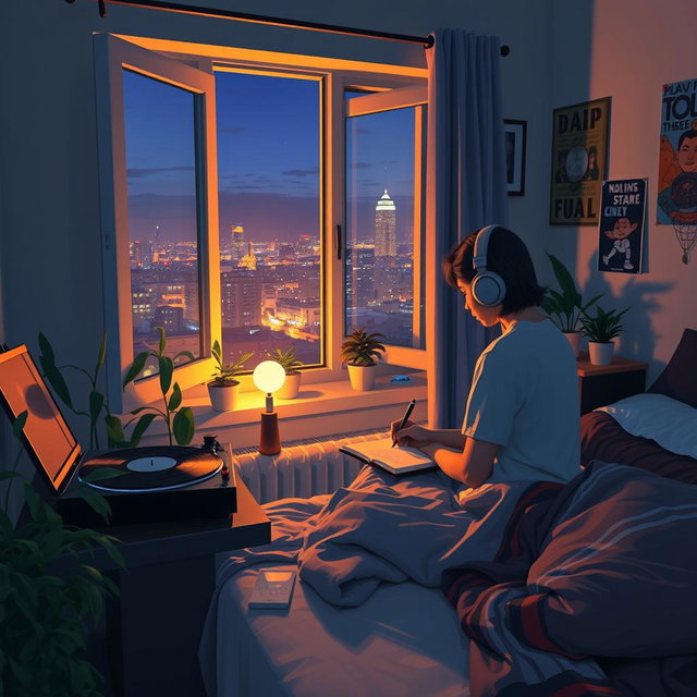 A chill lo-fi music scene featuring a cozy bedroom with warm lighting, an open window showing a tranquil cityscape at night, a turntable softly playing vinyl records, and a person seated at a desk writing in a notebook with headphones on