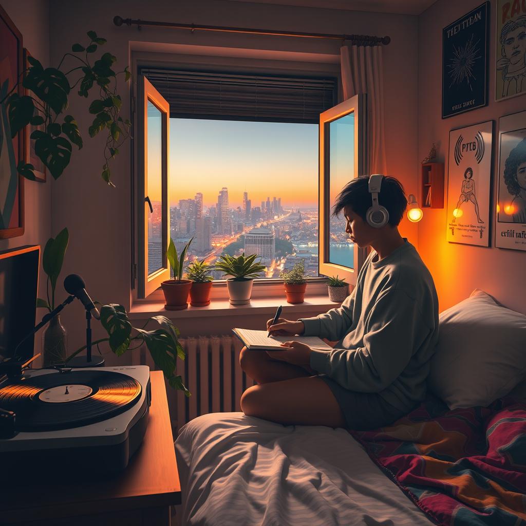A chill lo-fi music scene featuring a cozy bedroom with warm lighting, an open window showing a tranquil cityscape at night, a turntable softly playing vinyl records, and a person seated at a desk writing in a notebook with headphones on