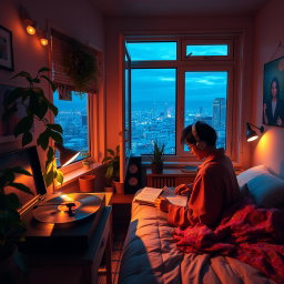 A chill lo-fi music scene featuring a cozy bedroom with warm lighting, an open window showing a tranquil cityscape at night, a turntable softly playing vinyl records, and a person seated at a desk writing in a notebook with headphones on