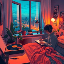 A chill lo-fi music scene featuring a cozy bedroom with warm lighting, an open window showing a tranquil cityscape at night, a turntable softly playing vinyl records, and a person seated at a desk writing in a notebook with headphones on