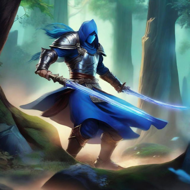 Yone, clad in armor with his azure spirit blade, locked in an intense battle against the shadowy figure of Zed, armed with his deadly shurikens, in an epic showdown set within a mystical forest backdrop.