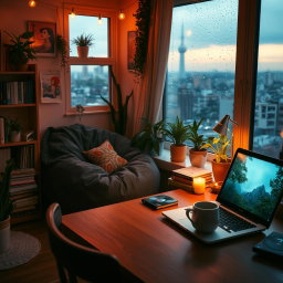 A cozy, intimate lofi study space at dusk, with soft warm lighting illuminating the area