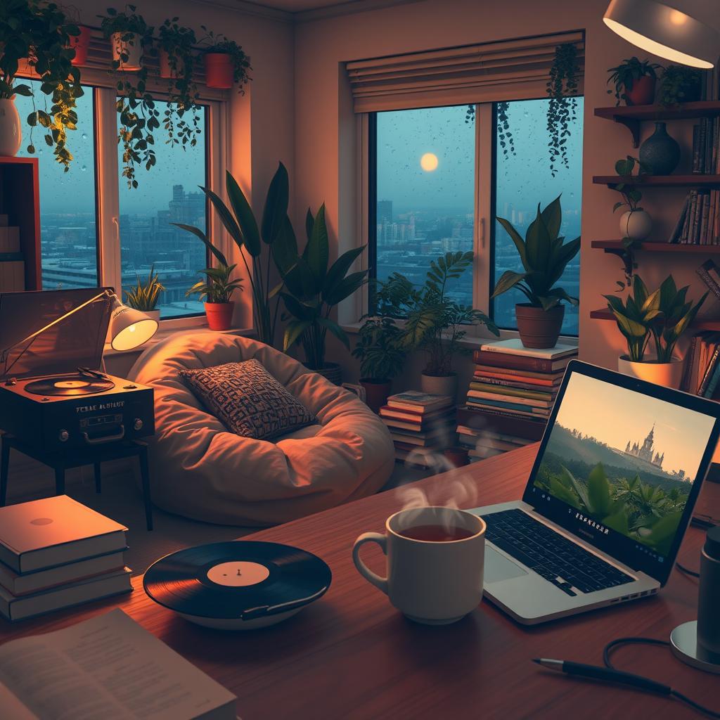 A cozy, intimate lofi study space at dusk, with soft warm lighting illuminating the area