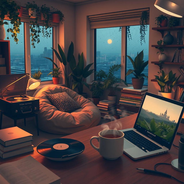 A cozy, intimate lofi study space at dusk, with soft warm lighting illuminating the area