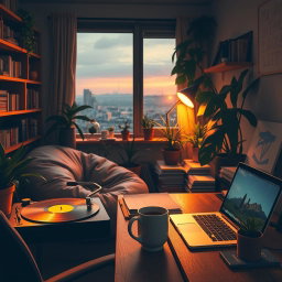 A cozy, intimate lofi study space at dusk, with soft warm lighting illuminating the area