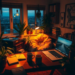 A cozy, intimate lofi study space at dusk, with soft warm lighting illuminating the area