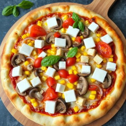 A perfectly baked pizza that features a delicious blend of fresh onions, juicy tomatoes, sweet corn, tender mushrooms, and creamy paneer cubes, all generously covered with a layer of melted mozzarella cheese