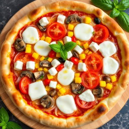 A perfectly baked pizza that features a delicious blend of fresh onions, juicy tomatoes, sweet corn, tender mushrooms, and creamy paneer cubes, all generously covered with a layer of melted mozzarella cheese