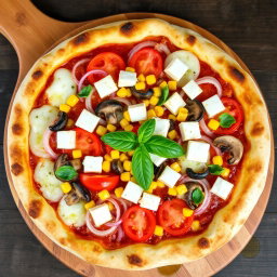 A perfectly baked pizza that features a delicious blend of fresh onions, juicy tomatoes, sweet corn, tender mushrooms, and creamy paneer cubes, all generously covered with a layer of melted mozzarella cheese