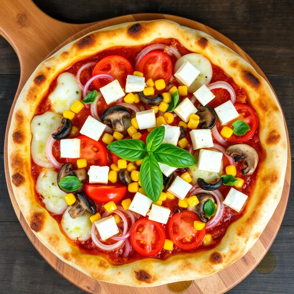 A perfectly baked pizza that features a delicious blend of fresh onions, juicy tomatoes, sweet corn, tender mushrooms, and creamy paneer cubes, all generously covered with a layer of melted mozzarella cheese