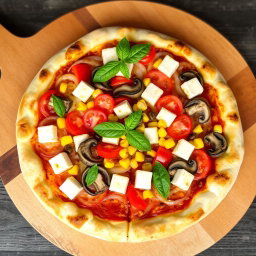 A perfectly baked pizza that features a delicious blend of fresh onions, juicy tomatoes, sweet corn, tender mushrooms, and creamy paneer cubes, all generously covered with a layer of melted mozzarella cheese