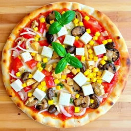 A freshly made pizza featuring a colorful array of toppings, including crisp, diced onions, ripe, sliced tomatoes, sweet corn, succulent mushrooms, and soft, creamy paneer cubes, all blanketed under a layer of gooey, melted mozzarella cheese