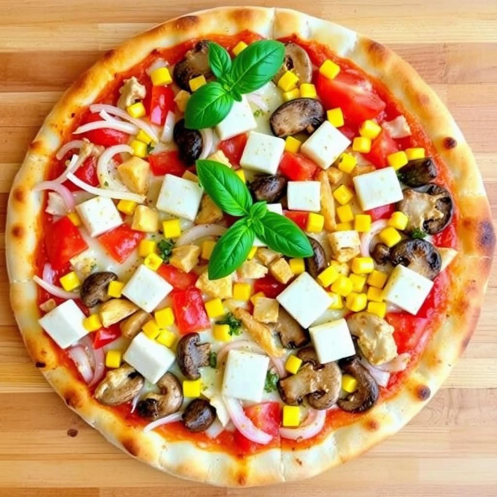 A freshly made pizza featuring a colorful array of toppings, including crisp, diced onions, ripe, sliced tomatoes, sweet corn, succulent mushrooms, and soft, creamy paneer cubes, all blanketed under a layer of gooey, melted mozzarella cheese