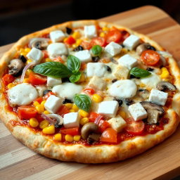 A freshly made pizza featuring a colorful array of toppings, including crisp, diced onions, ripe, sliced tomatoes, sweet corn, succulent mushrooms, and soft, creamy paneer cubes, all blanketed under a layer of gooey, melted mozzarella cheese