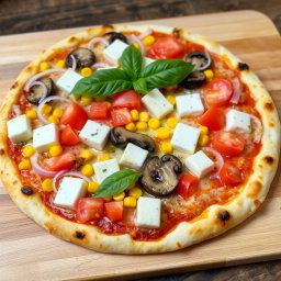 A freshly made pizza featuring a colorful array of toppings, including crisp, diced onions, ripe, sliced tomatoes, sweet corn, succulent mushrooms, and soft, creamy paneer cubes, all blanketed under a layer of gooey, melted mozzarella cheese
