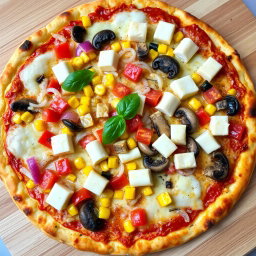 A freshly made pizza featuring a colorful array of toppings, including crisp, diced onions, ripe, sliced tomatoes, sweet corn, succulent mushrooms, and soft, creamy paneer cubes, all blanketed under a layer of gooey, melted mozzarella cheese