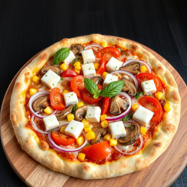 A freshly crafted pizza topped with a vibrant medley of ingredients, including succulent slices of red onions, ripe and juicy tomatoes, sweet golden corn, tender and earthy mushrooms, and creamy paneer cubes, all blanketed under a gooey layer of melted mozzarella cheese