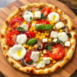 A freshly crafted pizza topped with a vibrant medley of ingredients, including succulent slices of red onions, ripe and juicy tomatoes, sweet golden corn, tender and earthy mushrooms, and creamy paneer cubes, all blanketed under a gooey layer of melted mozzarella cheese