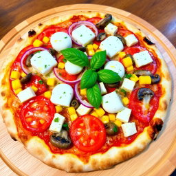 A freshly crafted pizza topped with a vibrant medley of ingredients, including succulent slices of red onions, ripe and juicy tomatoes, sweet golden corn, tender and earthy mushrooms, and creamy paneer cubes, all blanketed under a gooey layer of melted mozzarella cheese