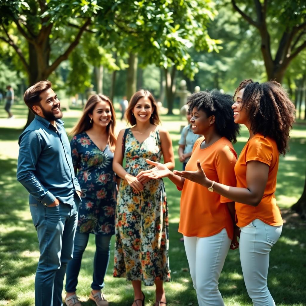 A vibrant outdoor scene featuring a diverse group of people engaged in lively conversation at a park, with lush greenery surrounding them