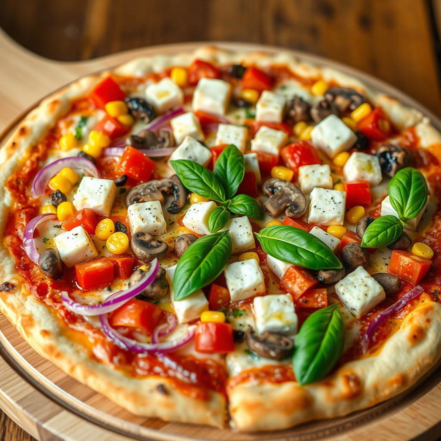A gourmet pizza, elegantly crafted with a variety of fresh ingredients, showcasing a colorful assortment of diced red onions, vibrant red tomatoes, sweet yellow corn, earthy mushrooms, and rich creamy paneer cubes, all melted together under a bubbling layer of mozzarella cheese